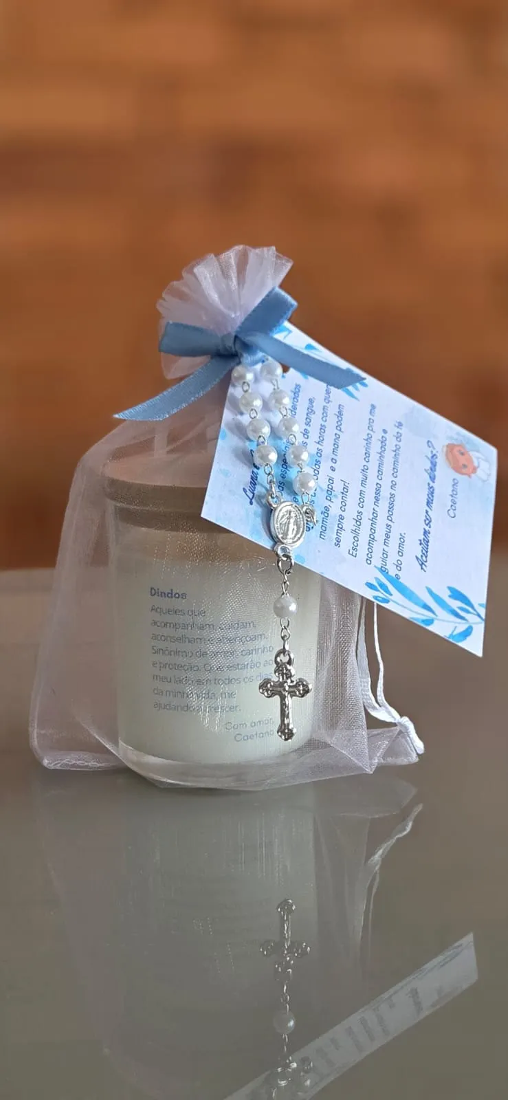 Vela 60 g com card, organza e terço