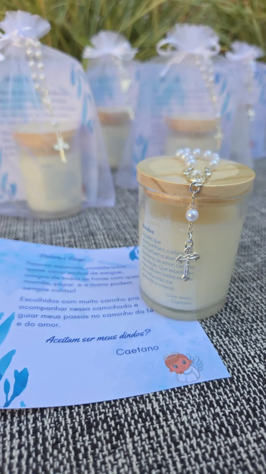 Vela 60 g com card, organza e terço, foto 3